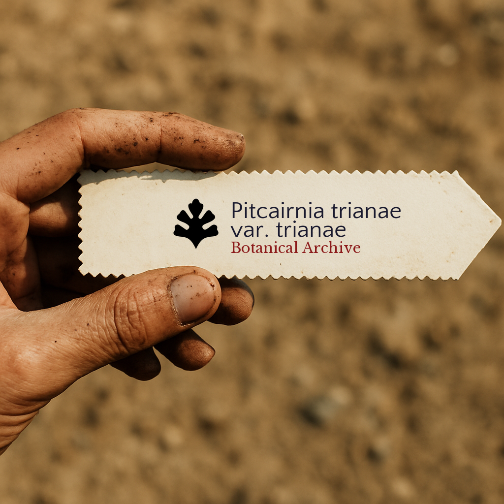 Printed plant label for Pitcairnia trianae var. trianae held by dirty hand outdoors