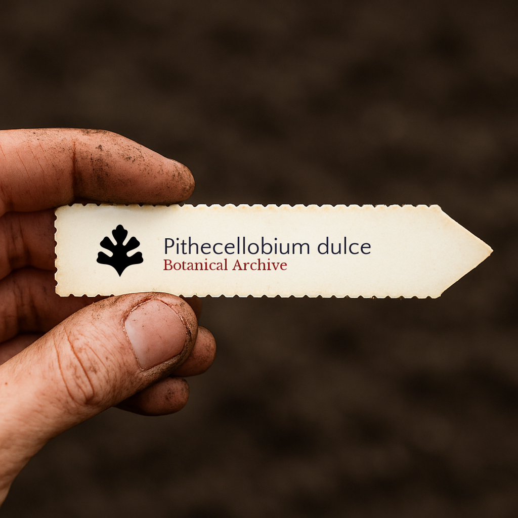Printed plant label for Pithecellobium dulce held by dirty hand against soil background