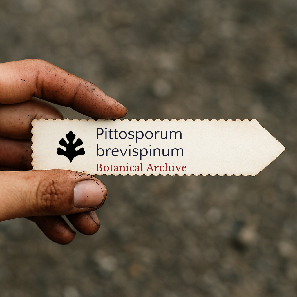 Etichetta per pianta stampata per Pittosporum brevispinum con logo Botanical Archive tenuta da mano sporca