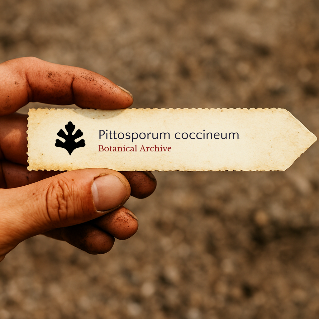 Printed plant label for Pittosporum coccineum held by dirty hand over soil background