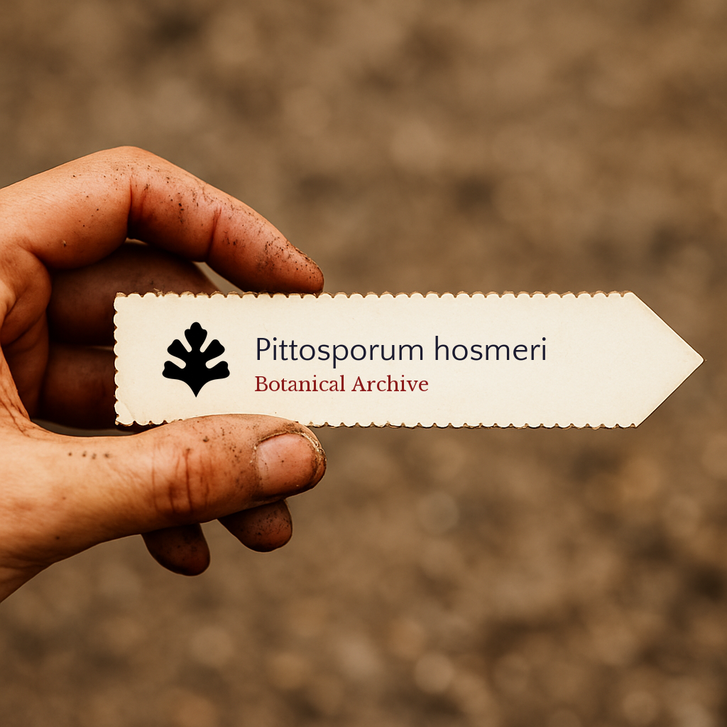 Printed plant label for Pittosporum hosmeri held by hand with soil background
