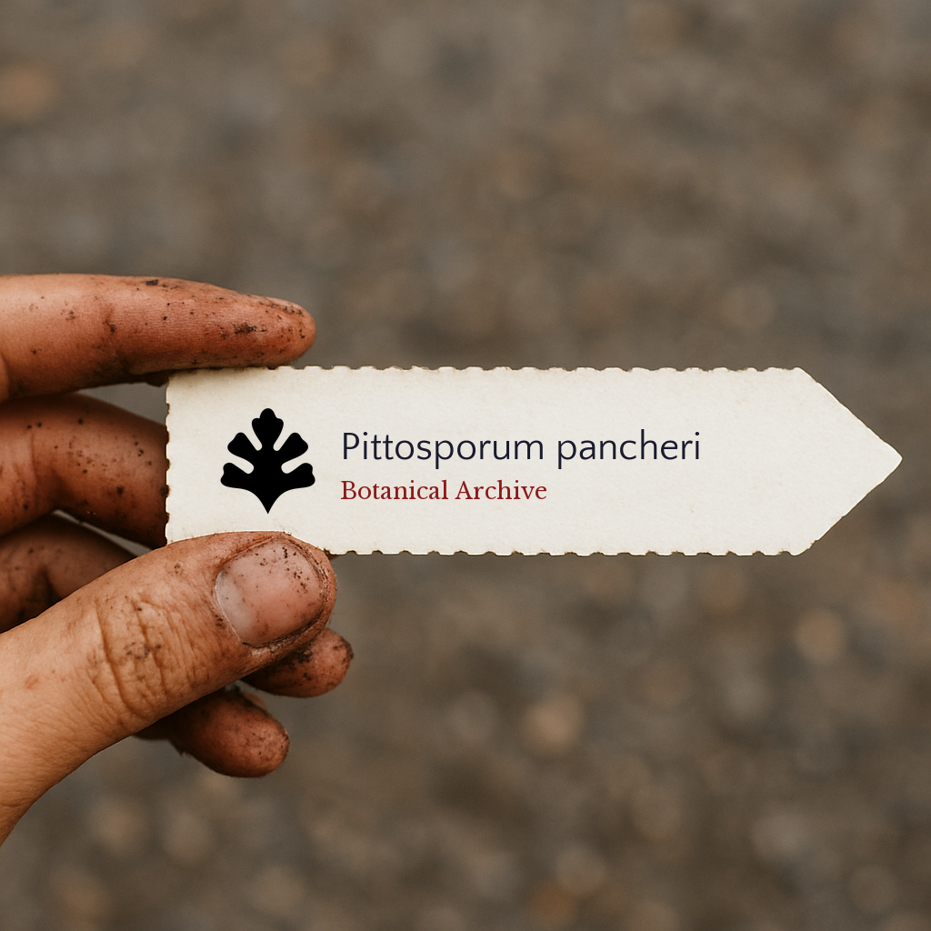 Printed plant label for Pittosporum pancheri held by dirty hand outdoors
