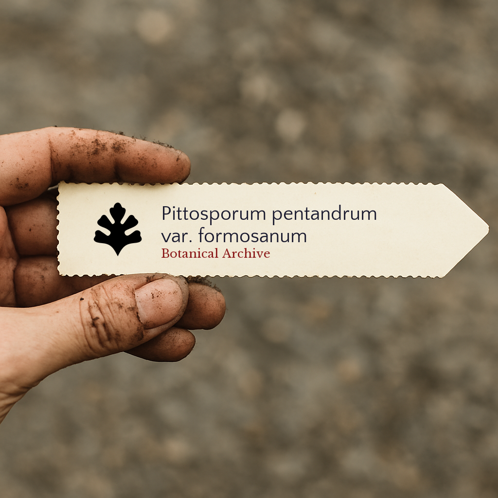 Etichetta stampata per pianta di Pittosporum pentandrum var. formosanum tenuta da mano sporca all’aperto