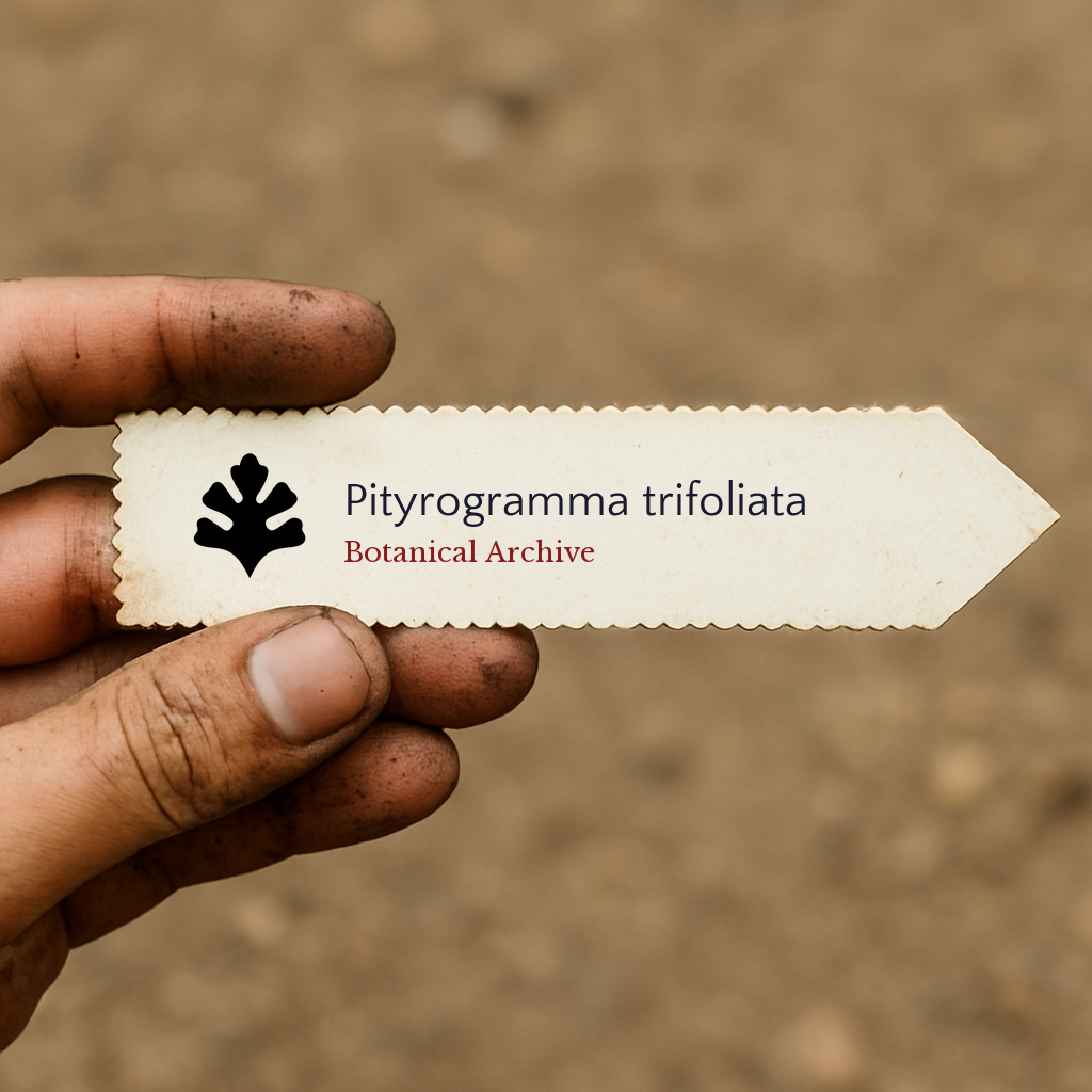 Printed plant label for Pityrogramma trifoliata held by hand with soil background