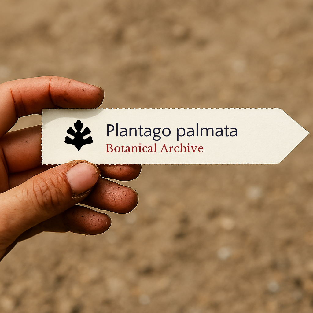 Printed plant label for Plantago palmata held by hand over soil background