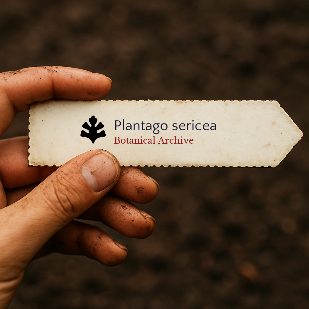 Printed plant label for Plantago sericea held by dirty hand over soil background