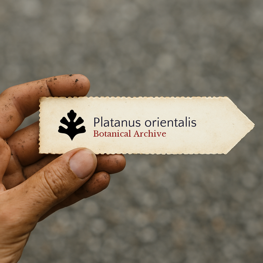 Printed plant label for Platanus orientalis held by dirty hand outdoors