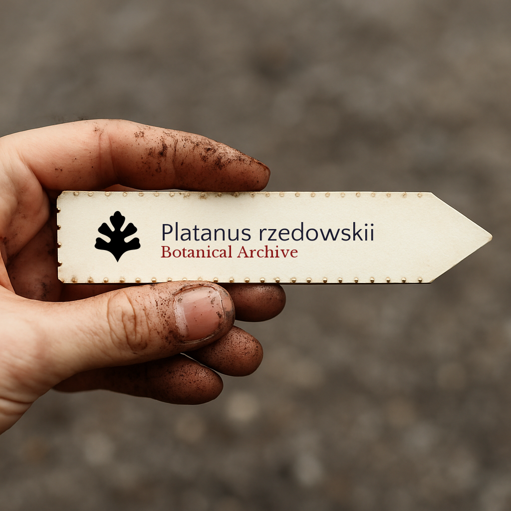 Printed plant label for Platanus rzedowskii held by dirty hand outdoors