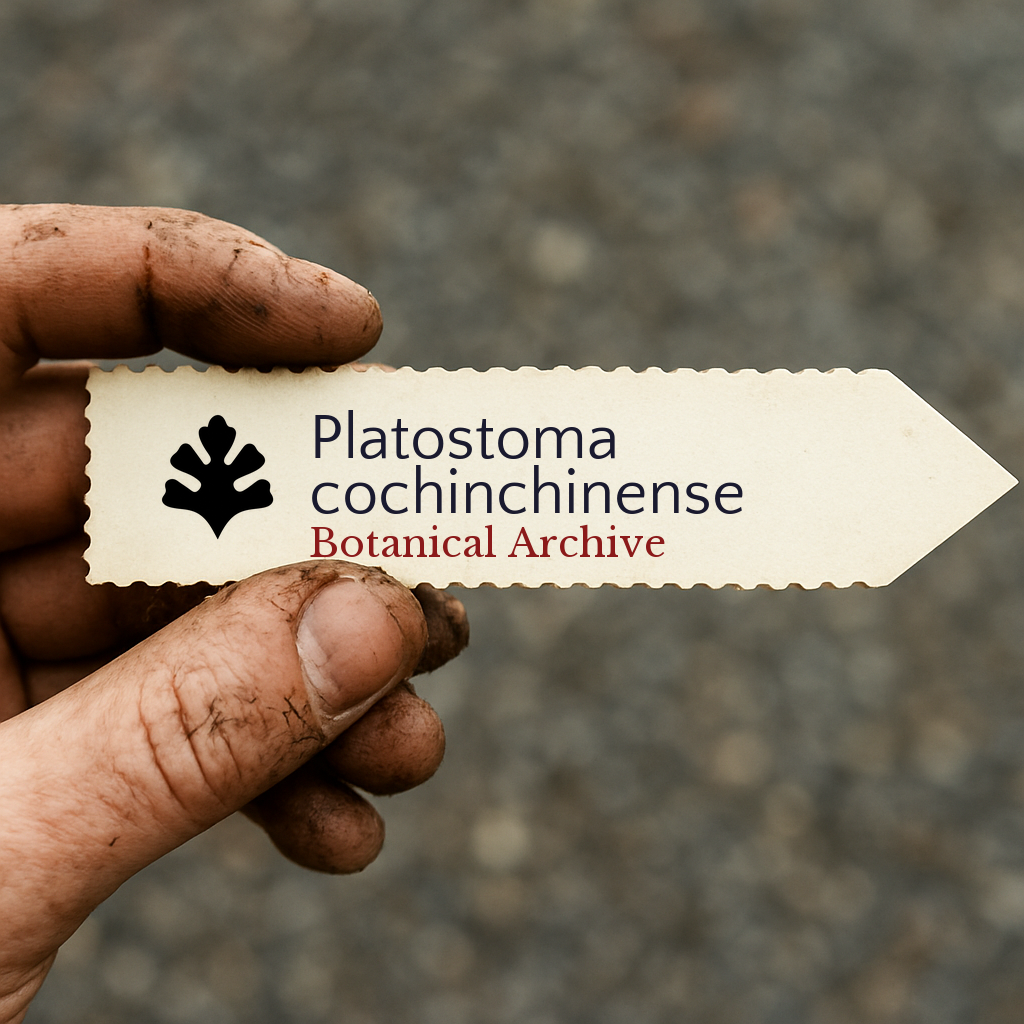 Printed plant label for Platostoma cochinchinense held by dirty hand outdoors