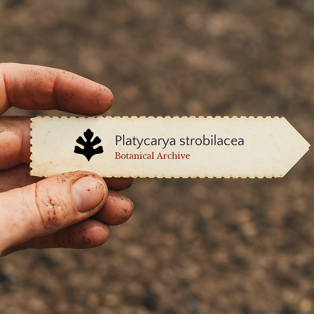 Printed plant label for Platycarya strobilacea held by dirty hand with blurred soil background