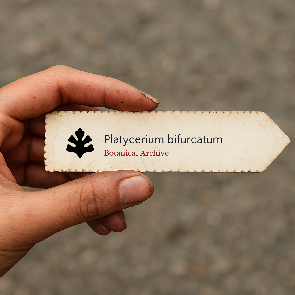 Handheld vintage botanical archive label for Platycerium bifurcatum plant identification