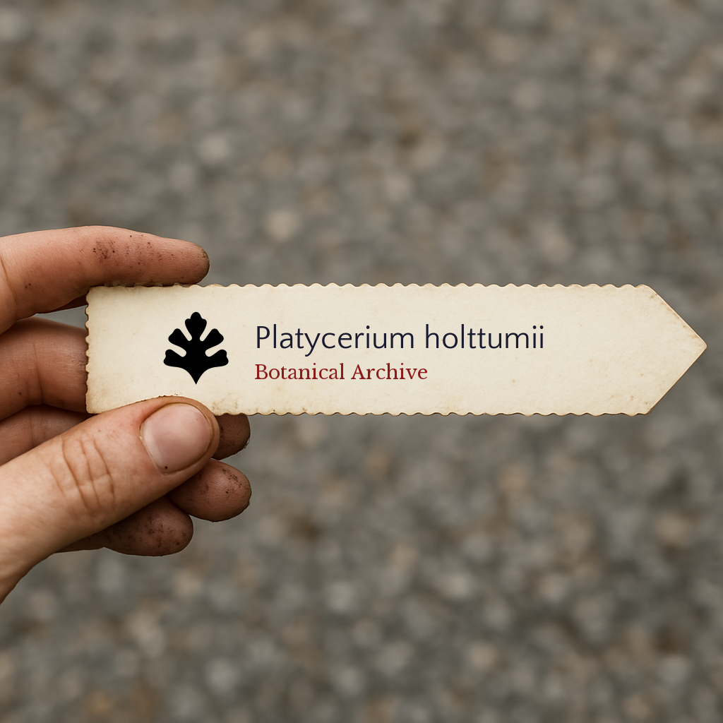 Printed plant label for Platycerium holttumii held by hand with dirt background