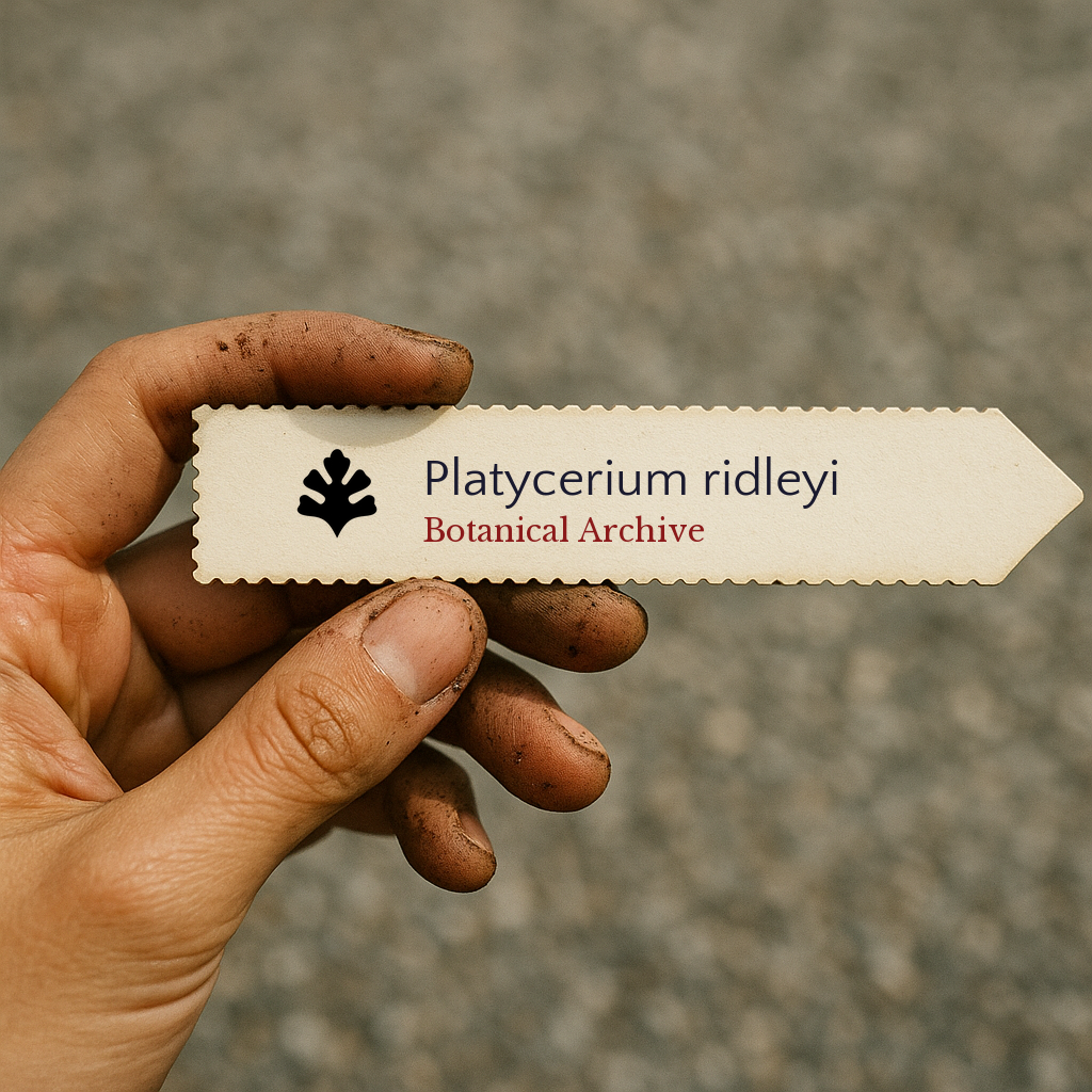 Printed plant label for Platycerium ridleyi held by a dirt-covered hand