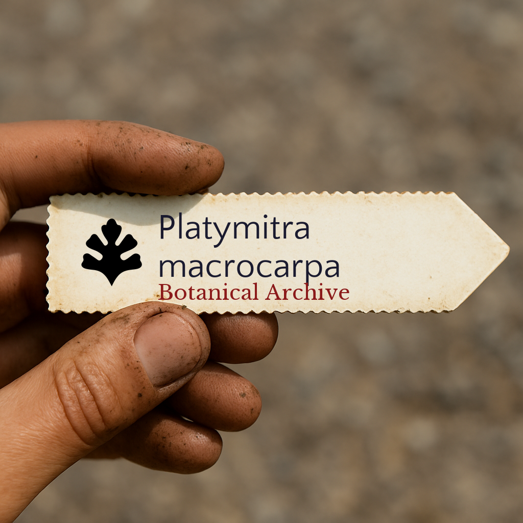 Printed plant label for Platymitra macrocarpa held by dirty hand outdoors