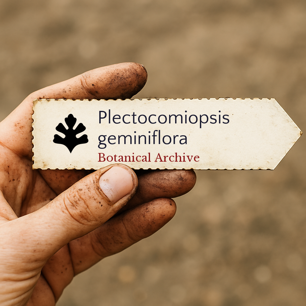 Printed plant label for Plectocomiopsis geminiflora held by a dirt-covered hand