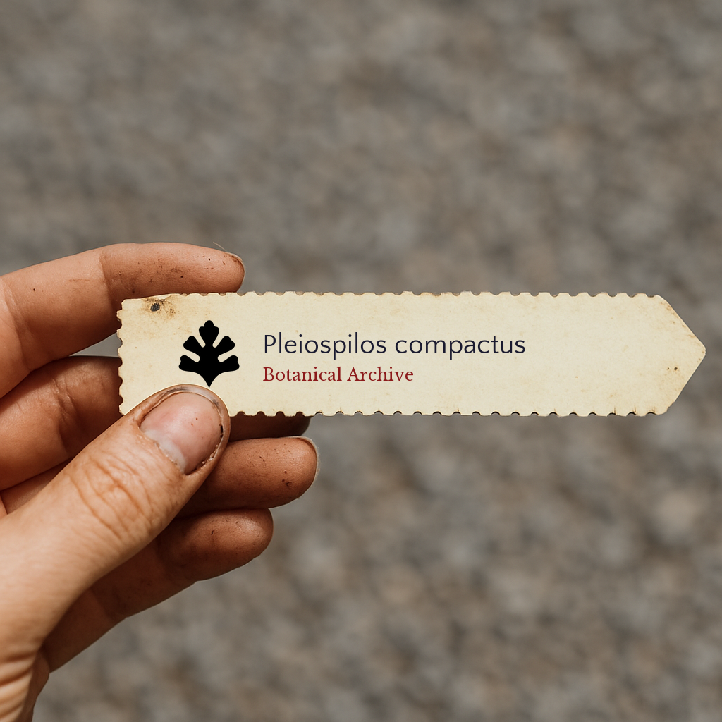 Printed plant label for Pleiospilos compactus held by hand with dirt on fingers