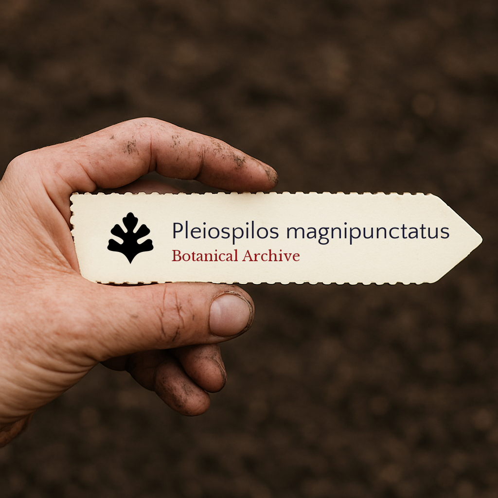 Etichetta stampata per pianta di Pleiospilos magnipunctatus tenuta da una mano sporca su sfondo di terra