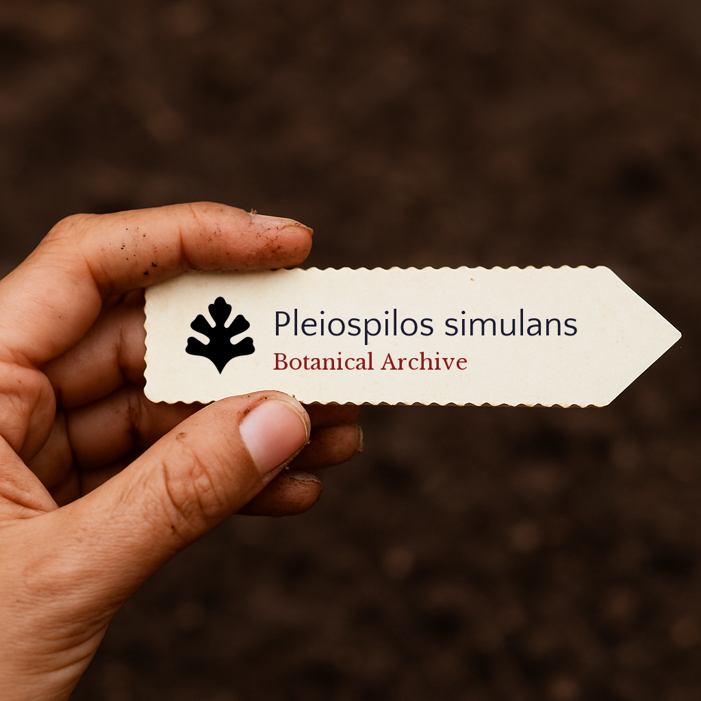 Etichetta vegetale stampata per Pleiospilos simulans tenuta a mano con sfondo di terra