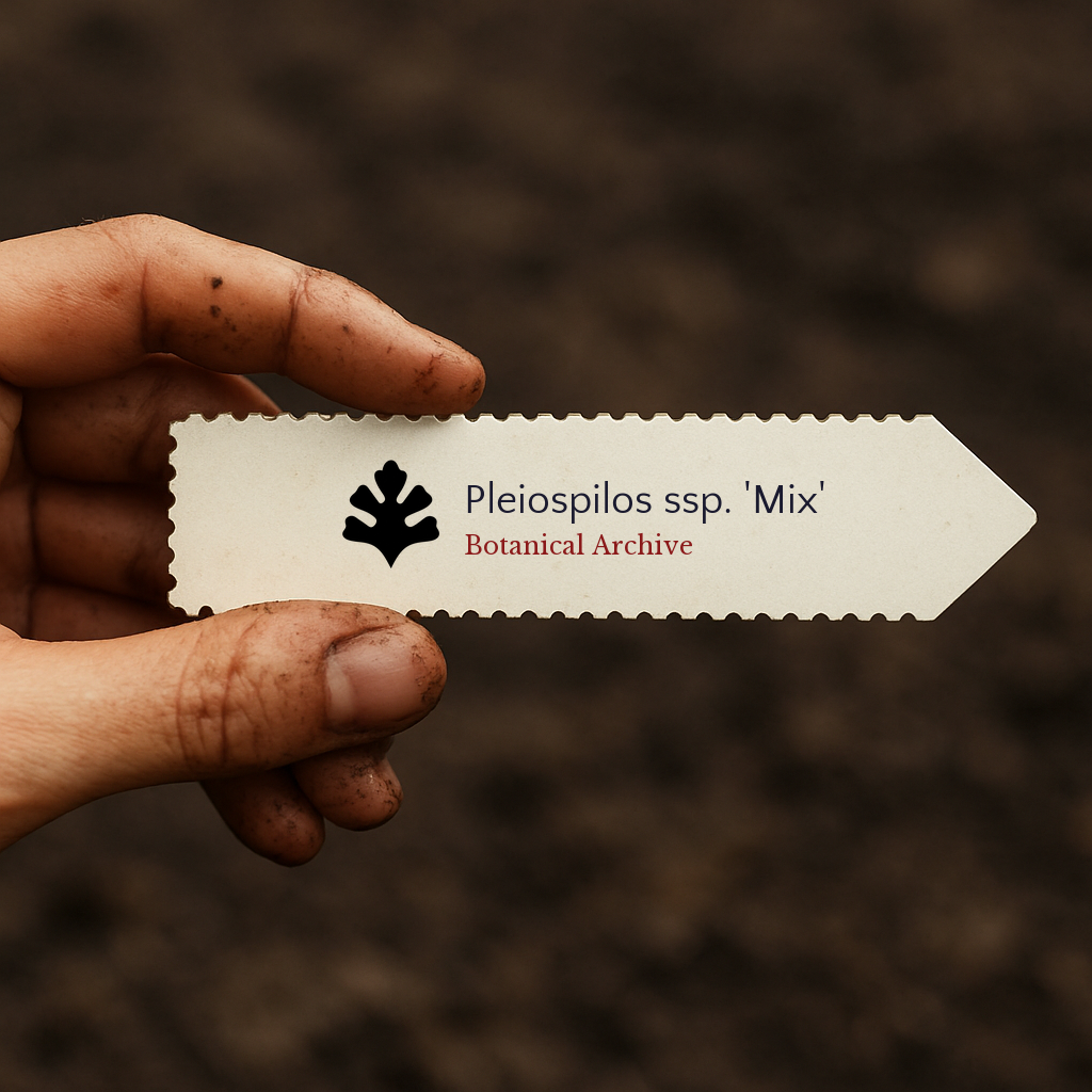 Printed plant label for Pleiospilos ssp. 'Mix' held by hand with soil background