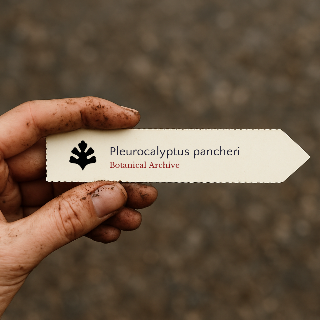 Etichetta per piante stampata per Pleurocalyptus pancheri tenuta da una mano sporca