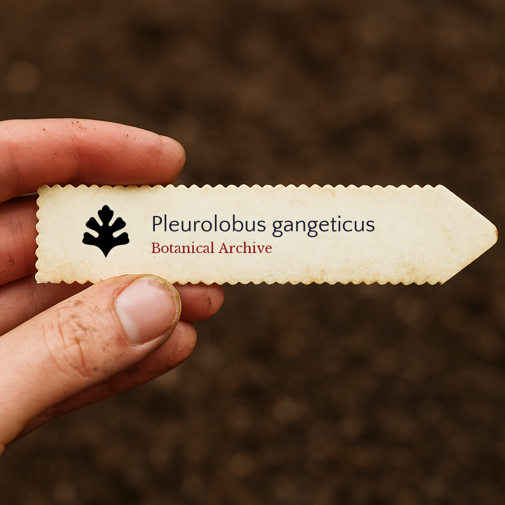 Etichetta botanica stampata per Pleurolobus gangeticus tenuta sopra uno sfondo di terra