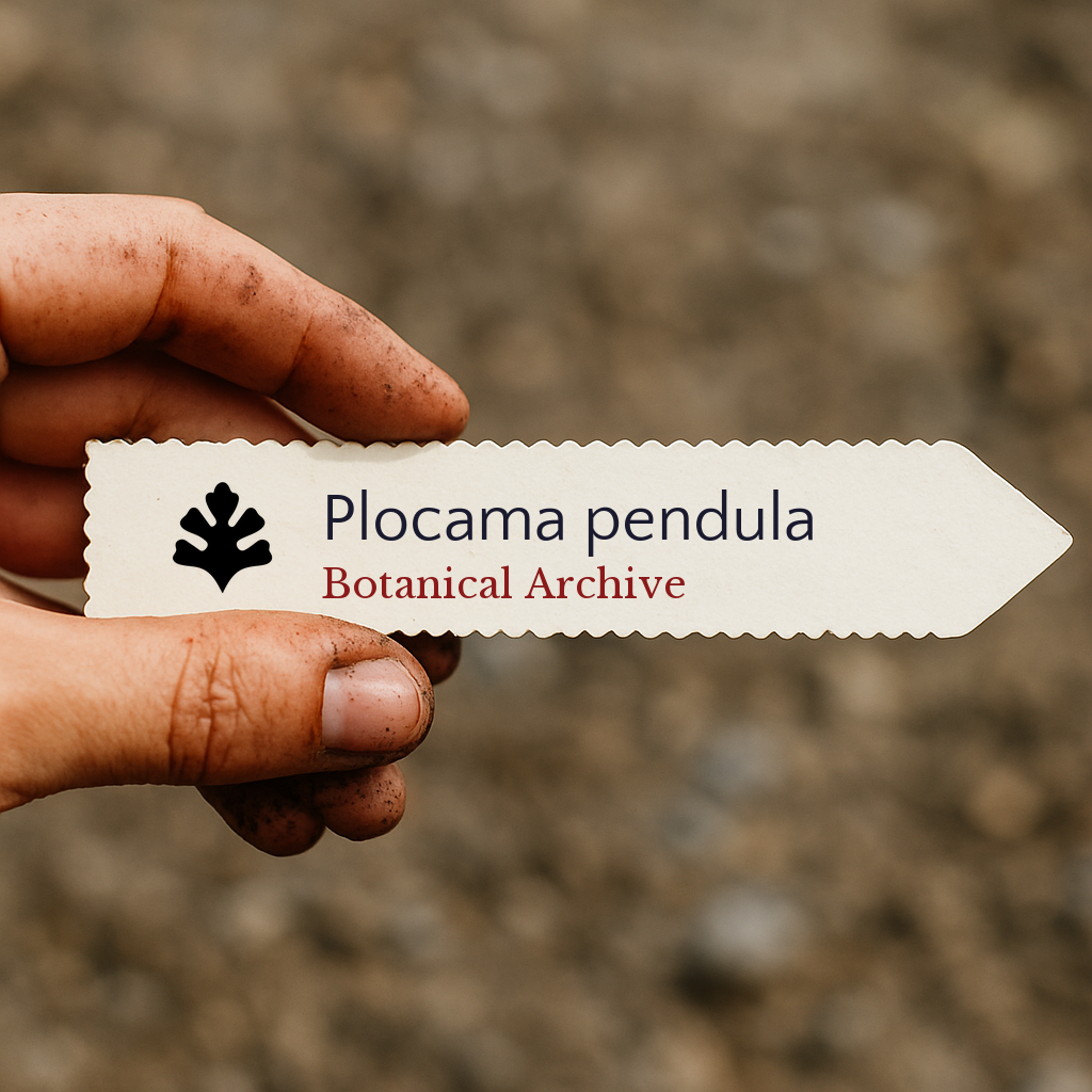 Printed plant label for Plocama pendula held by hand with soil background