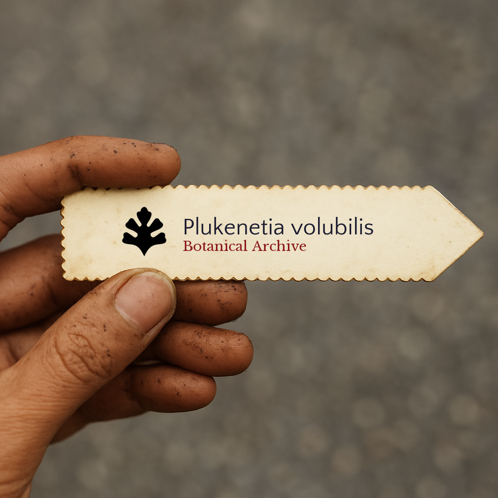 Etichetta vegetale stampata per Plukenetia volubilis tenuta da una mano sporca su sfondo sfocato