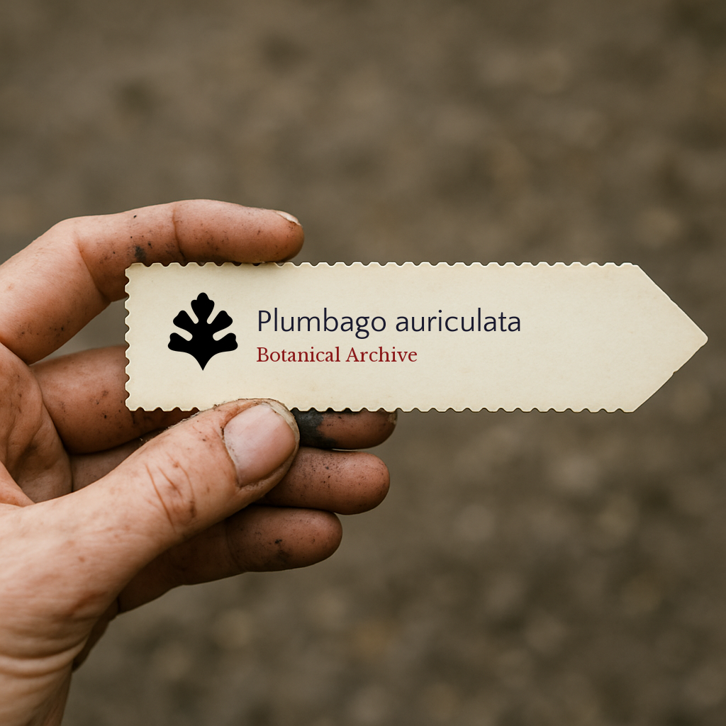 Printed plant label for Plumbago auriculata held by dirty hand outdoors