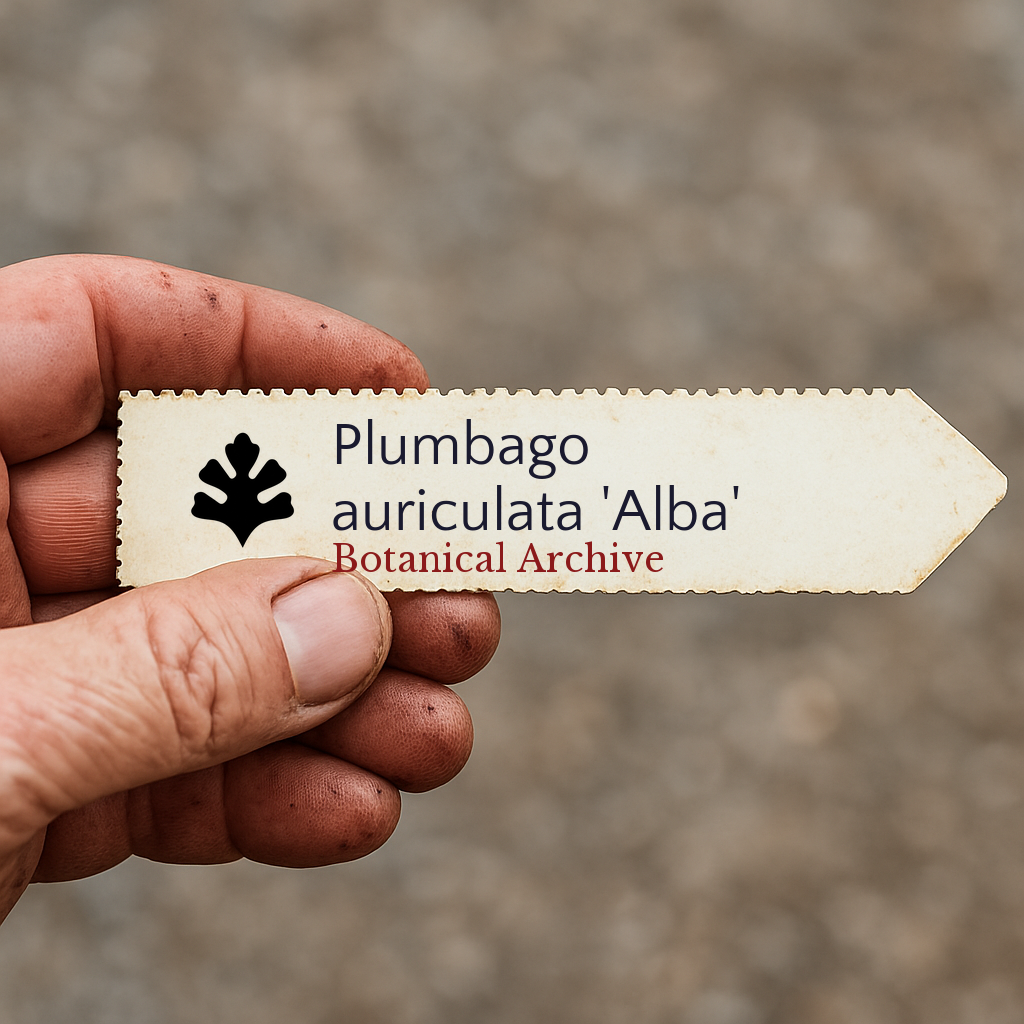 Printed plant label for Plumbago auriculata 'Alba' held by hand with soil stains