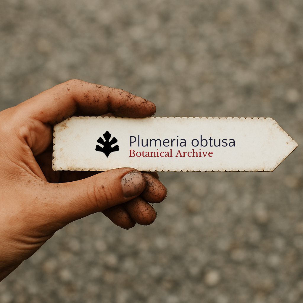 Printed plant label for Plumeria obtusa held by a dirt-covered hand outdoors