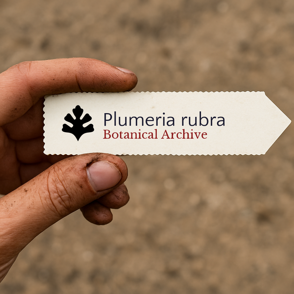 Printed plant label for Plumeria rubra held by dirty hand against soil background