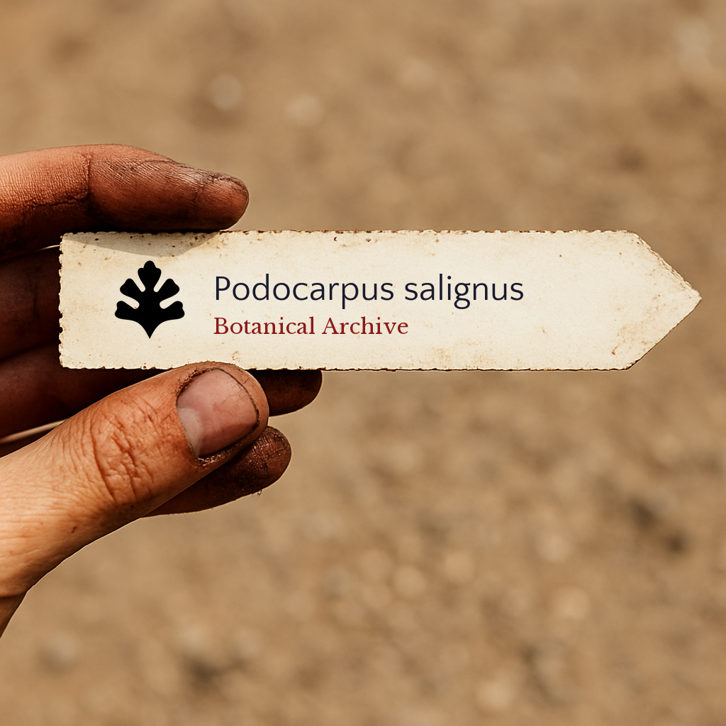 Printed plant label for Podocarpus salignus held by hand with dirt background