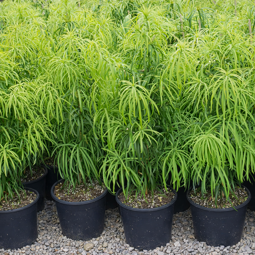 Podocarpus henkelii young potted plants with slender green leaves in nursery setting