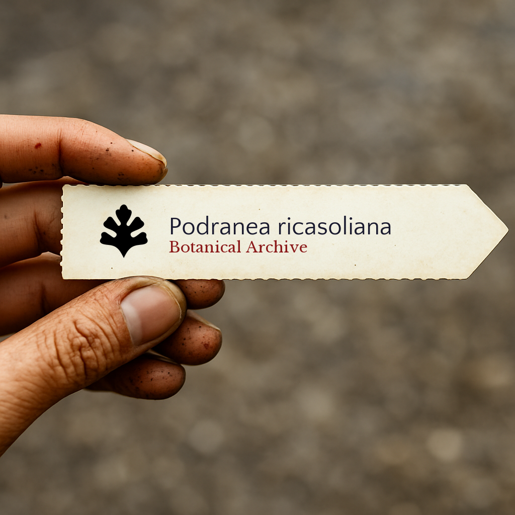Printed plant label for Podranea ricasoliana held by hand with dirt background