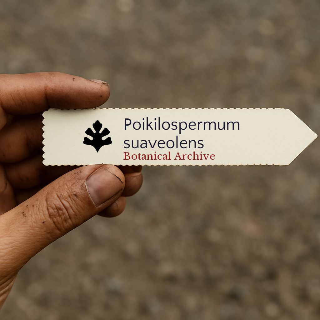 Etichetta per pianta stampata per Poikilospermum suaveolens con il logo di Botanical Archive tenuta a mano