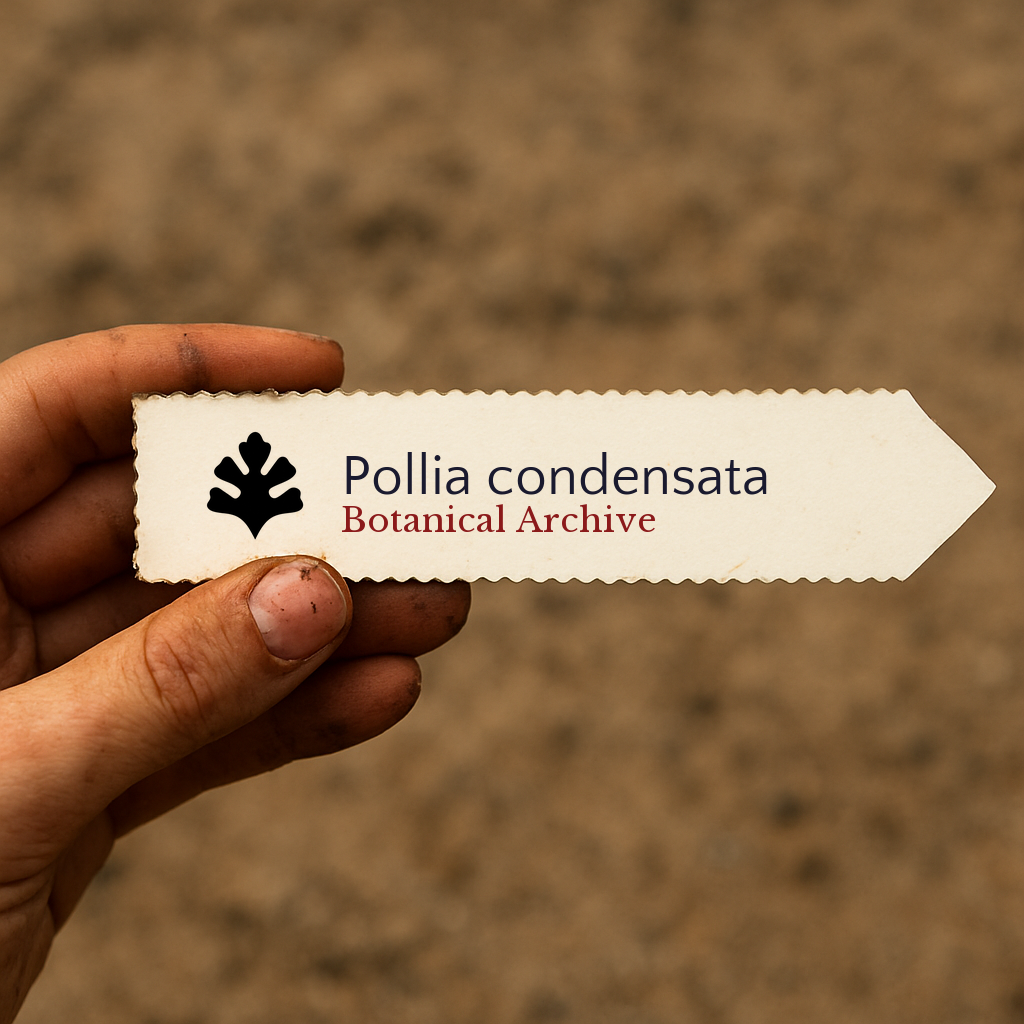 Printed plant label for Pollia condensata held by hand with dirt background