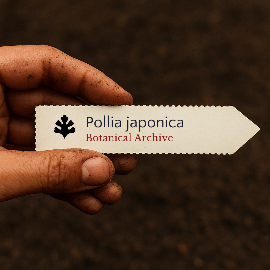 Etichetta per piante stampata per Pollia japonica tenuta da mano sporca su sfondo di terreno