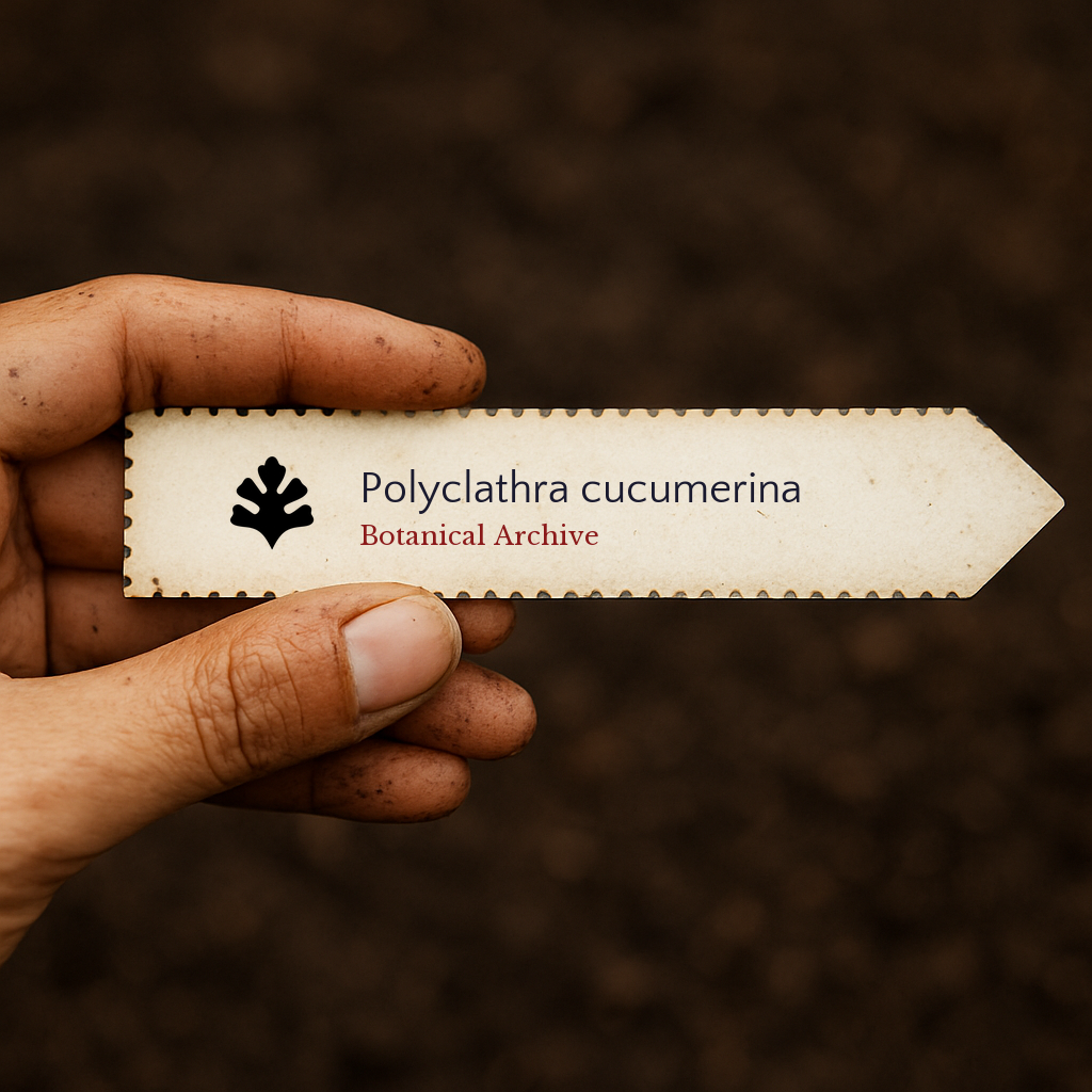Printed plant label for Polyclathra cucumerina held by dirty hand over soil background