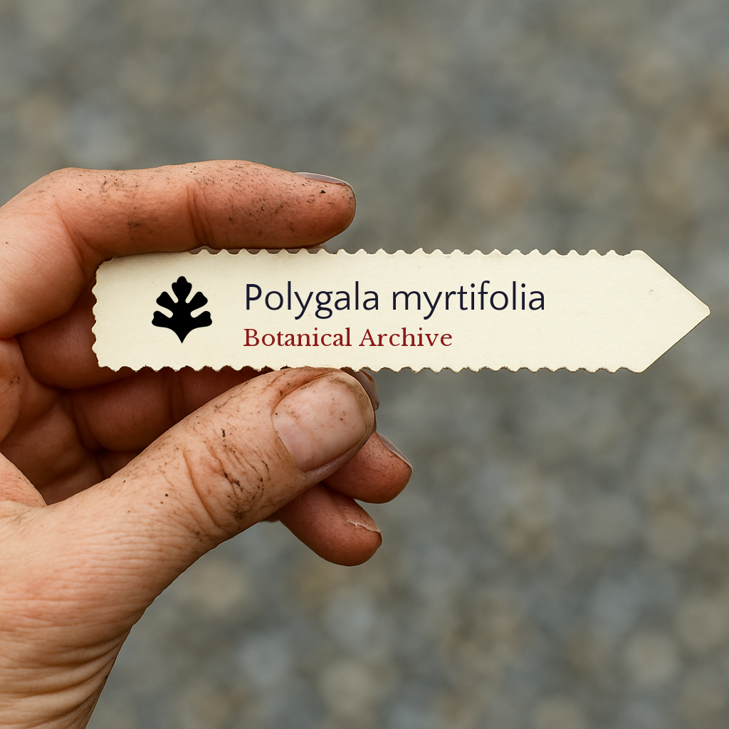 Etichetta stampata per pianta di Polygala myrtifolia tenuta in mano con terra