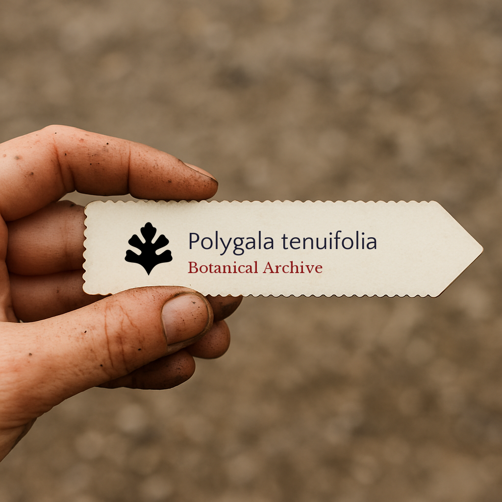 Etichetta per pianta stampata per Polygala tenuifolia tenuta da mano sporca con sfondo di terreno sfocato