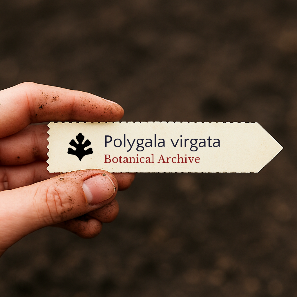 Printed plant label for Polygala virgata held by hand with soil background