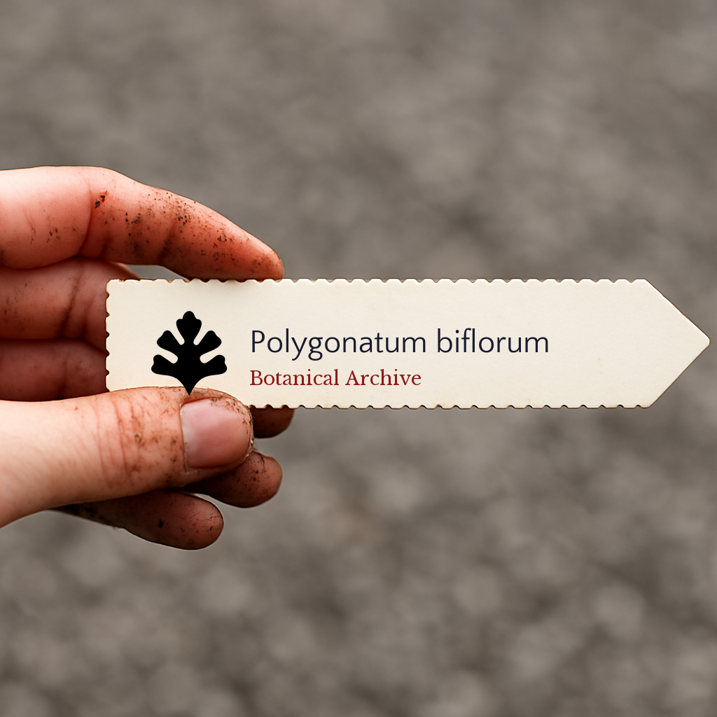 Printed plant label for Polygonatum biflorum held by dirty hand outdoors