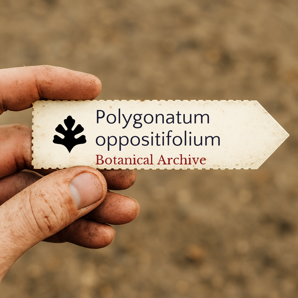 Printed plant label for Polygonatum oppositifolium held by hand with soil background