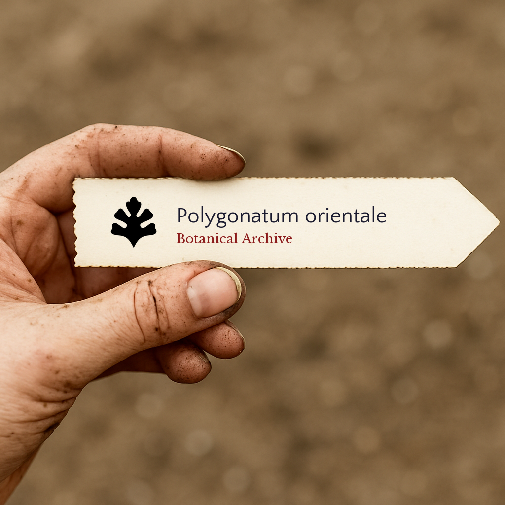 Printed plant label for Polygonatum orientale held by dirty hand over soil background