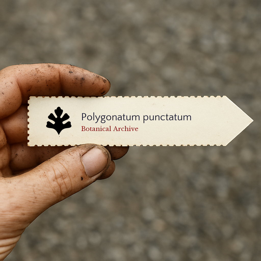 Printed plant label for Polygonatum punctatum held by a dirty hand outdoors