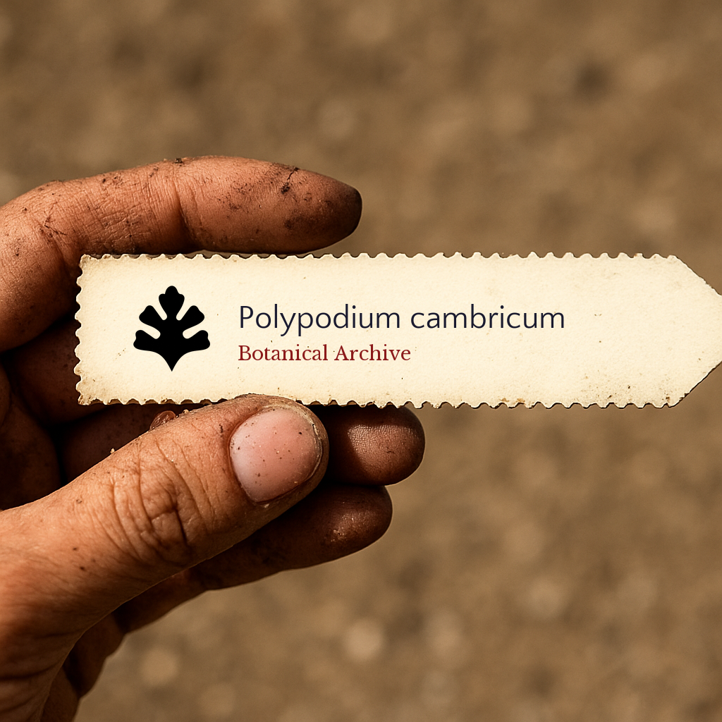 Etichetta per piante stampata per Polypodium cambricum tenuta da una mano sporca con sfondo beige
