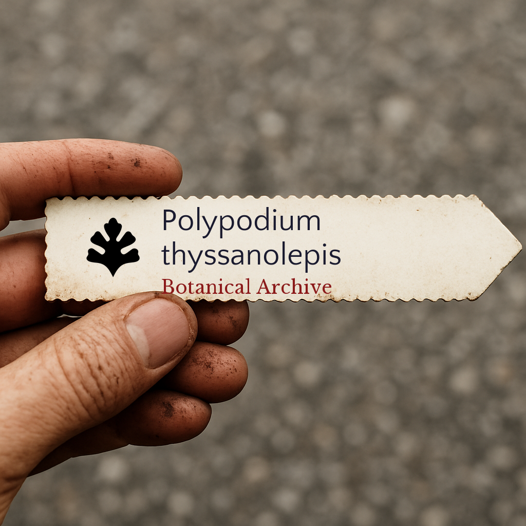 Printed plant label for Polypodium thyssanolepis held by dirty hand outdoors