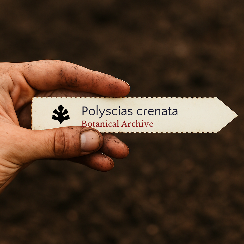 Printed plant label for Polyscias crenata held by dirty hand over soil background