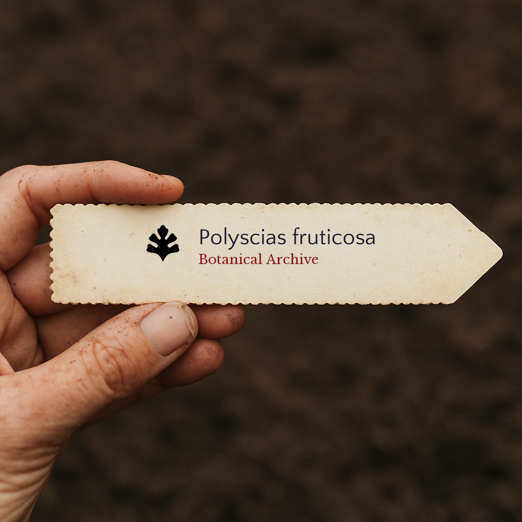 Printed plant label for Polyscias fruticosa with botanical archive logo in hand against soil background