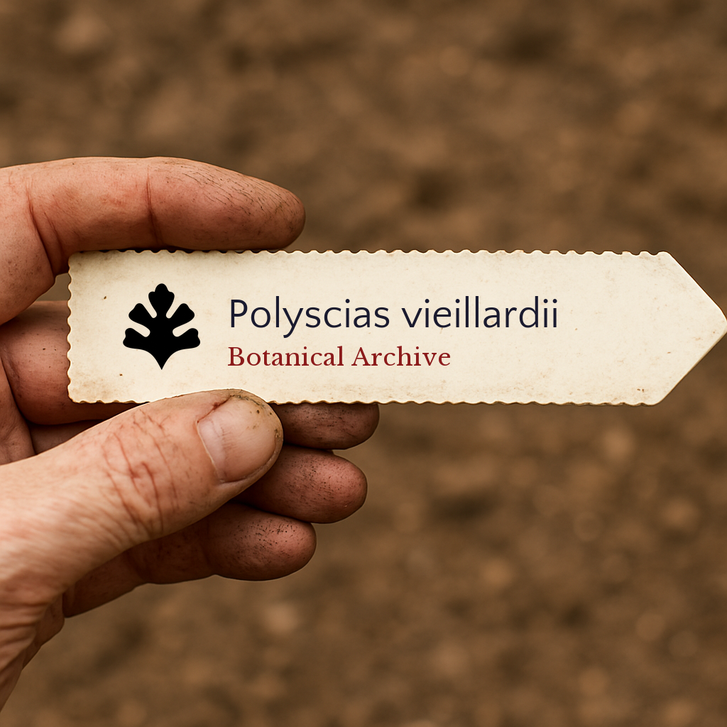 Etichetta per pianta stampata per Polyscias vieillardii con logo Botanical Archive tenuta a mano